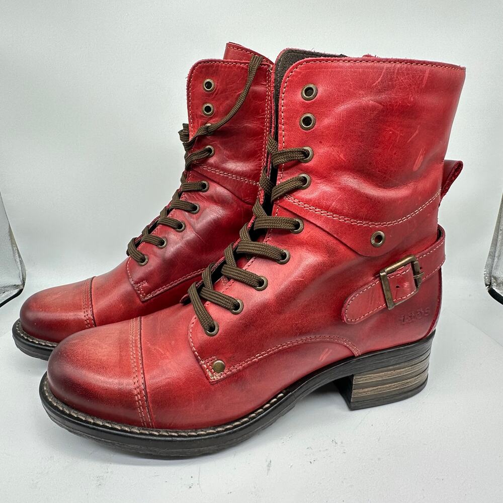 Taos Crave Red Lace Up Leather Combat High Top Side Buckle Boot Women Size 9-9.5